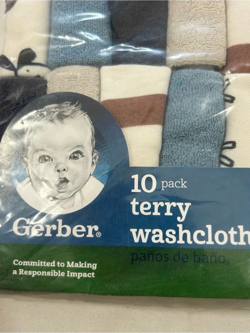 New Gerber Baby Infant Boy 10-Pack Blue Beige Brown Dog Terry Washcloths 9”x9”